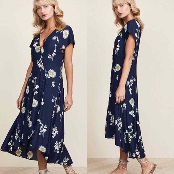 Free People Lost In Your Midi Dress Wrap Floral‎ Bohemian Size XS Boho Long Blue - Picture 2 of 14